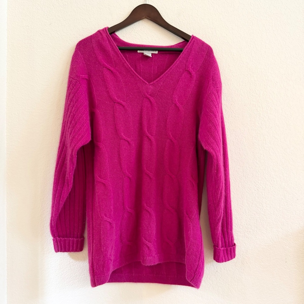 The Limited Hot Pink Angora Lambswool Blend Cable Knit V-Neck Tunic Sweater‎ M